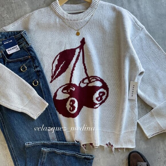 Pacsun Cherry Graphic Distressed Hem Knit Oversized Sweater size Large retro 70s - Picture 2 of 15